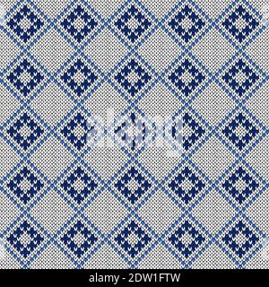 Seamless knitting ornate with swirl elements in muted blue and white hues, vector pattern as a fabric texture Stock Vector