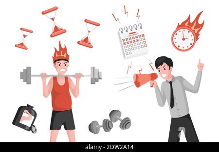 Male character lifting weights, trainer shouting through megaphone vector flat illustration. Active weight loss, get yourself in shape for the summer or sport competition concept. Stock Vector