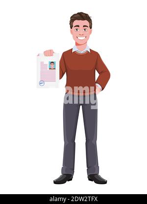Stock vector successful business man holding signed resume. Manager character design. Flat style vector illustration Stock Vector
