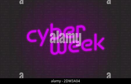 Hot pink glowing Cyber Week over subtle binary code background. Ideal for shopping promotion in social media or web cards. Stock Vector