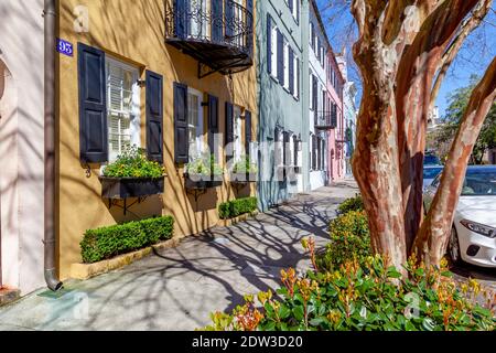 Charleston, South Carolina, USA - February 28, 2020: Rainbow Row in the morning Stock Photo