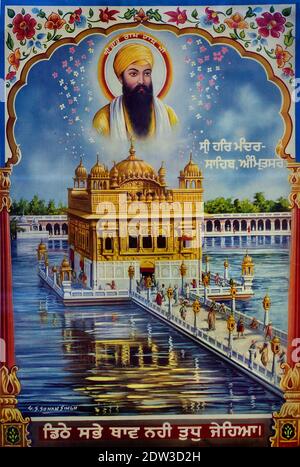The Golden Temple, also known as Harmandir Sahib, meaning 'abode of God'  or Darbār Sahib, meaning 'exalted court' ),  The gurdwara is built around a man-made pool (sarovar) that was completed by the fourth Sikh Guru, Guru Ram Das in 1577. Guru Arjan, the fifth Guru of Sikhism,  Amritsar, Punjab, India. preeminent spiritual site of Sikhism.Amritsar India, Indian, Stock Photo