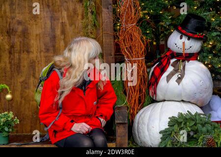 White painted pumpkins, pumpkin snowman, Vancouver, British Columbia, Canada Stock Photo