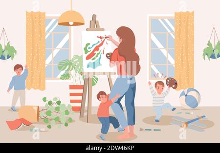 Young mother drawing abstract picture, children naughty and demanding attention vector flat illustration. Messy living room interior design with domestic plants in pots. Mother of three kids drawing. Stock Vector