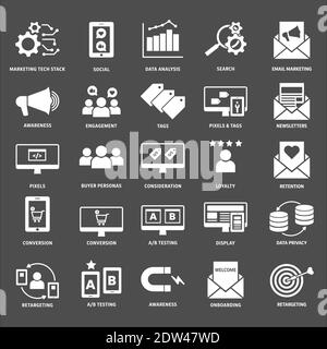 Reversed or white digital marketing, marketing technologies, customer journey icon set on dark gray background Stock Vector