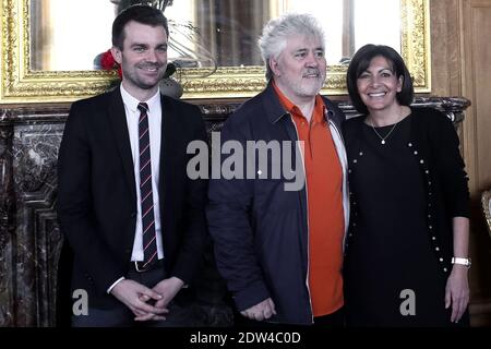 Newly elected Paris Mayor Anne Hidalgo flanked by Deputy Mayor Bruno Julliard receives Spanish director Pedro Almodovar in her office at the City Hall of Paris, France on April 17, 2014. Photo by Stephane Lemouton/ABACAPRESS.COM Stock Photo