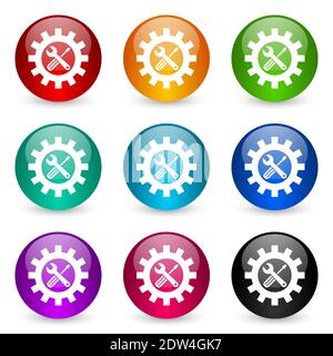 Repair, industry, service concept vector icons, set of colorful glossy 3d rendering ball buttons in 9 color options Stock Vector