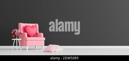 Red heart on pink armchair, mock up minimal interior design, 3d render 3d illustration Stock Photo