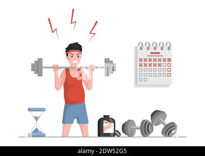 Losing weight vector flat concept. Sportsman in sport clothes preparing for summer or sport competition, lifting weights and eat protein for muscle growth. Calendar, sandglass, dumbbells illustration. Stock Vector