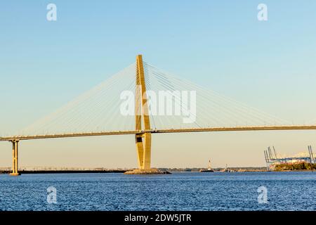 Arthur Ravenel Jr. Bridge,  a cable-stayed bridge over the Cooper River in Sunset  in South Carolina, USA. Stock Photo