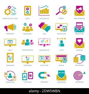 Yellow, teal, hot pink digital marketing, marketing technologies, customer journey icon set. Stock Vector