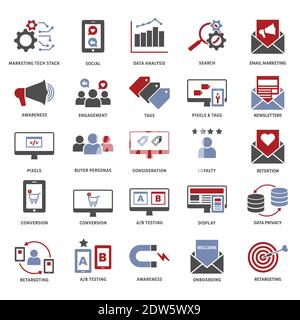 Blue, red, dark gray digital marketing, consumer funnel, marketing technologies, customer journey icon set. Stock Vector