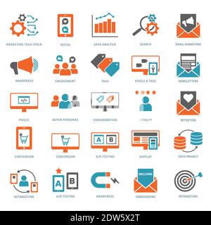 Orange, teal green, dark gray digital marketing, marketing technologies, customer journey icon set. Stock Vector