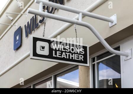 Orlando, Florida, USA- February 24, 2020:  Wilsons Leather store sign in Orlando, Florida, USA. Stock Photo