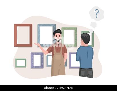 Man in apron selling frames for pictures in art studio or paintings shop vector flat illustration. Man in casual clothes choosing frame for his picture in picture frames shop. Creative job concept. Stock Vector