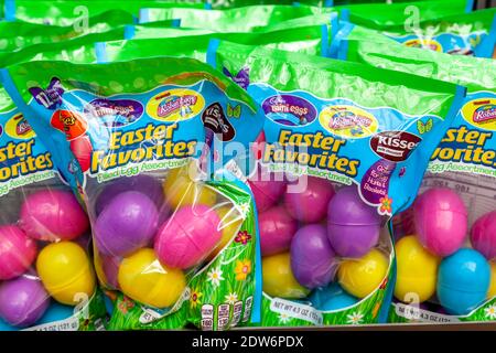 Many bags of Hershey’s filled plastic eggs for Easter egg hunts. Stock Photo