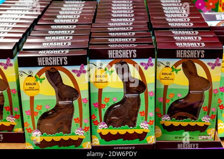 Many boxes of Hershey’s chocolate Easter bunnies. Stock Photo