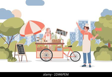 Woman and man selling coffee and other beverages in city park vector flat illustration. Smiling woman standing near street cart, happy man waving hand and welcoming to shop. Street food concept. Stock Vector