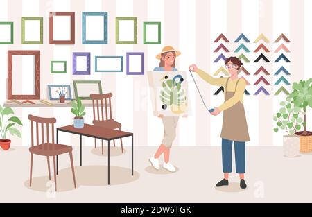 Women choosing frame for abstract painting drawn on canvas in art store vector flat illustration. Picture frame shop interior design with domestic plants in pots, table, chairs and frames. Stock Vector