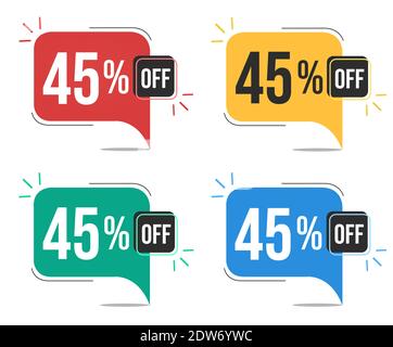 45 percent off. Red, yellow, green and blue tags with forty-five percent discount. Banner with four colorful balloons with special offers vector. Stock Vector