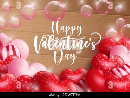 Valentine's vector background design. Happy valentine's day text with 3d heart and bubble floating in wood texture background for valentine's day. Stock Vector