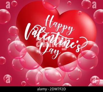 Valentine's day vector background concept. Happy valentine's day greeting text in 3d red heart with bubble or balloon element floating for romantic. Stock Vector
