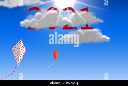 2021 number in white clouds with colorful kite on the blue sky Stock Vector