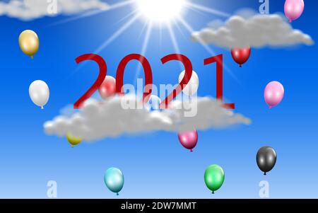2021 number in clouds and color full balloons on the blue sky in the day time Stock Vector