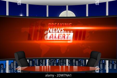 table with breaking news alert on led screen background in the news studio Stock Vector