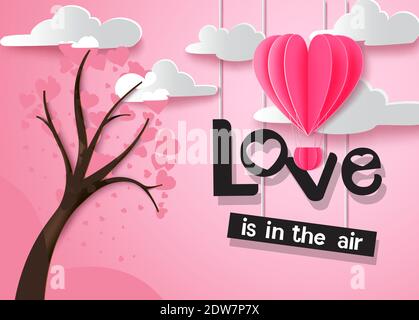 Love valentine's vector background design. Love is in the air text hanging with hearts tree and hot air balloon paper cut elements for romantic. Stock Vector