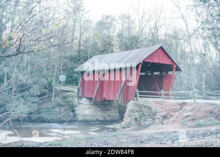 Historic covered bridge in winter. Stock Photo