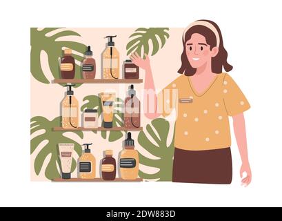 Happy smiling seller advertising new fresh organic cosmetics collection vector flat illustration. Woman sells natural cosmetics for self care and spa procedures. Beauty products concept. Stock Vector