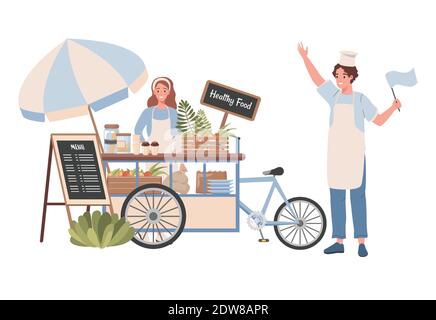 Street cart with healthy food and beverages vector flat illustration. Happy woman selling healthy natural food and coffee, smiling man invites customers to their cart. Street healthy food concept. Stock Vector