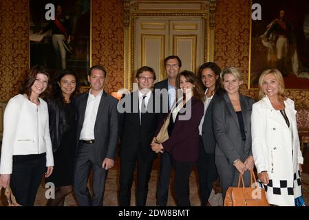 Laurence Roustandjee, Thierry Freret, Anais Baydemir, Fanny Agostini, Joel Collado, Philippe Verdier, Evelyne Dhelia, Laurent Romejko, Joel Collado, Nathalie Rihouet, Fabienne Amiach arriving at the Quai d'Orsay in Paris, France on June 3rd, 2014. French Foreign Affairs Minister Laurent Fabius received television weather anchormen and women for a breakfast to talk about climate change. Photo by Ammar Abd Rabbo/ABACAPRESS.COM Stock Photo