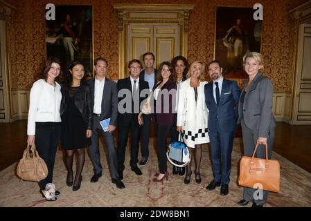 Laurence Roustandjee, Thierry Freret, Anais Baydemir, Fanny Agostini, Joel Collado, Philippe Verdier, Evelyne Dhelia, Laurent Romejko, Joel Collado, Nathalie Rihouet, Fabienne Amiach arriving at the Quai d'Orsay in Paris, France on June 3rd, 2014. French Foreign Affairs Minister Laurent Fabius received television weather anchormen and women for a breakfast to talk about climate change. Photo by Ammar Abd Rabbo/ABACAPRESS.COM Stock Photo