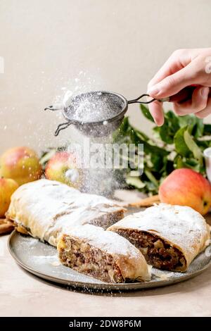 Homemade sliced classic apple strudel sprinkling by icing sugar from sieve in hand, on ceramic plate with fresh apples, green leaves and cinnamon stic Stock Photo