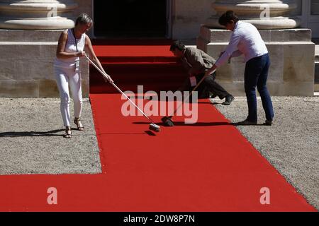 Red Carpet before the arrival of the Head of States at Benouville Castle on June 6, 2014, during events to mark the 70th anniversary of the Allied landings in Normandy during World War II. World leaders and veterans gathered by the beaches of Normandy on to mark the 70th anniversary of the Allied landings in Normandy on D-Day during World War II. Photo by Denis Allard/Pool/ABACAPRESS.COM Stock Photo