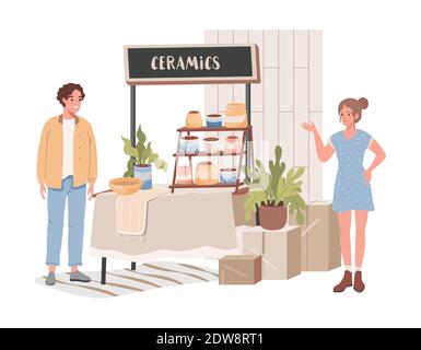 Ceramics shop vector flat illustration. Happy man in casual clothes choosing and buying bright ceramic pot for plants, young woman in blue dress sailing ceramics. Handmade ceramics store concept. Stock Vector