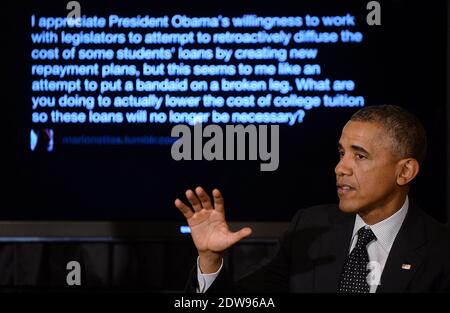 President Barack Obama delivers remarks and answers questions live on Tumblr from people across the country on the importance of education, college affordability, and reducing student loan debt in the State Dining Room of the White House June 10, 2014 in Washington, DC, USA. Photo by Olivier Douliery/ABACAPRESS.COM Stock Photo