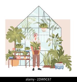 Plants shop interior vector flat design. Happy smiling man in casual clothes and gloves holding pot with tree and sales domestic plants. Shelves with green home plants. Agriculture gardener hobby. Stock Vector