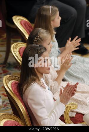 King Felipe VI of Spain, Queen Letizia of Spain, Princess Sofia and  Princess Leonor at the Congress during the Kings first speech to make his  proclamation as King of Spain to the Spanish Parliament on June 19, 2014 in  Madrid, Spain. The coronation of