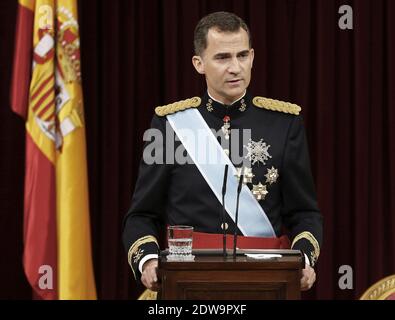 King Felipe VI of Spain, Queen Letizia of Spain, Princess Sofia and  Princess Leonor at the Congress during the Kings first speech to make his  proclamation as King of Spain to the Spanish Parliament on June 19, 2014 in  Madrid, Spain. The coronation of