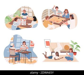 Set of people playing board games. Friends, men and women playing table games indoor in living room. People play with cards, dices, desktop field and pawns. Home entertainment for adults and children. Stock Vector