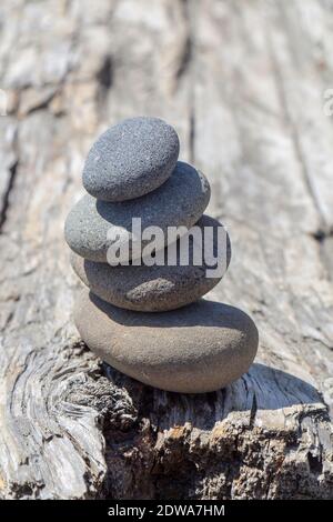 Four Smooth Stones Balanced Atop A Large Driftwood Log In La Push, Washington, Usa.