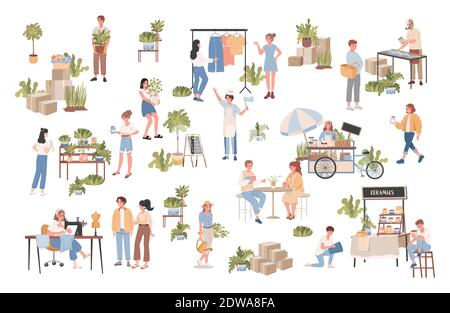 Group of happy smiling people taking care of plants, sewing clothes on sewing machine, selling street food or coffee, buying ceramic pots. Green plants, flowers and trees in pots standing on shelves. Stock Vector