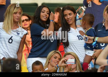 French players wives and girlfriends, Fiona Cabaye, Mazda Magui, Ludivine Sagna, watch from the stands Soccer World Cup 2014 First round Group E match France vs Ecuador at the Maracana Stadium, Rio de Janeiro, Brazil on June 25th 2014. The game ended in a 0-0 draw. Photo by Henri Szwarc/ABACAPRESS.COM Stock Photo