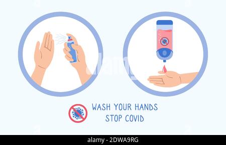 Social poster disinfection from virus. Hand sanitizer wall or spray. Hand washing, disinfection sanitary hygiene infographic. Antiseptic gel cartoon collection. Healthcare isolated vector illustration Stock Vector