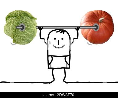Hand drawn - Cartoon Strong and sporty Boy with big Veggie Weights - Collage Stock Photo