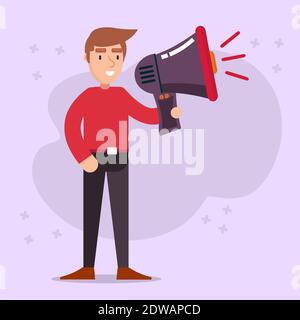 young man holding megaphone vector illustration in flat style Stock Vector