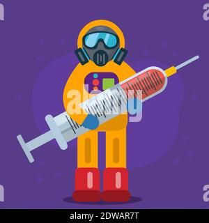 people wear hazmat holding medical syringe vector illustration Stock Vector